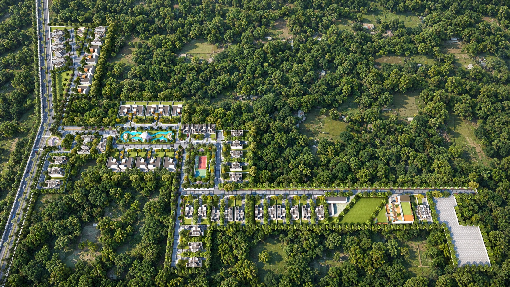 Irish Town forest estate aerial &mdash; architectural visualization