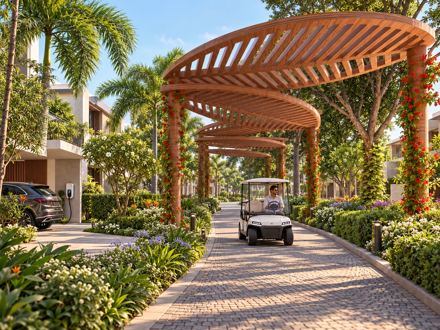 Irish Town landscaped avenue and electric mobility &mdash; architectural visualization
