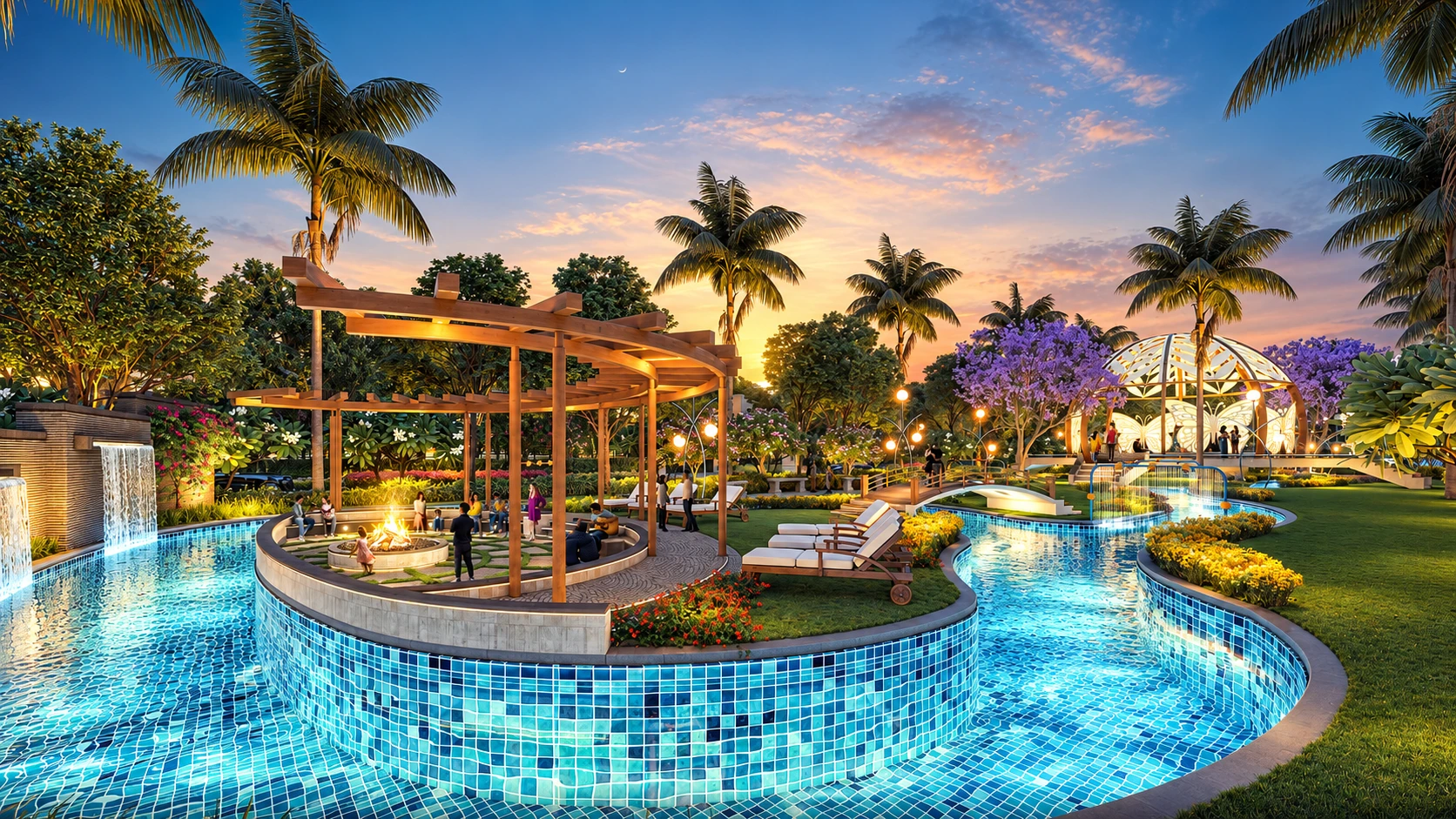 Irish Town lazy river pavilion at dusk &mdash; architectural visualization