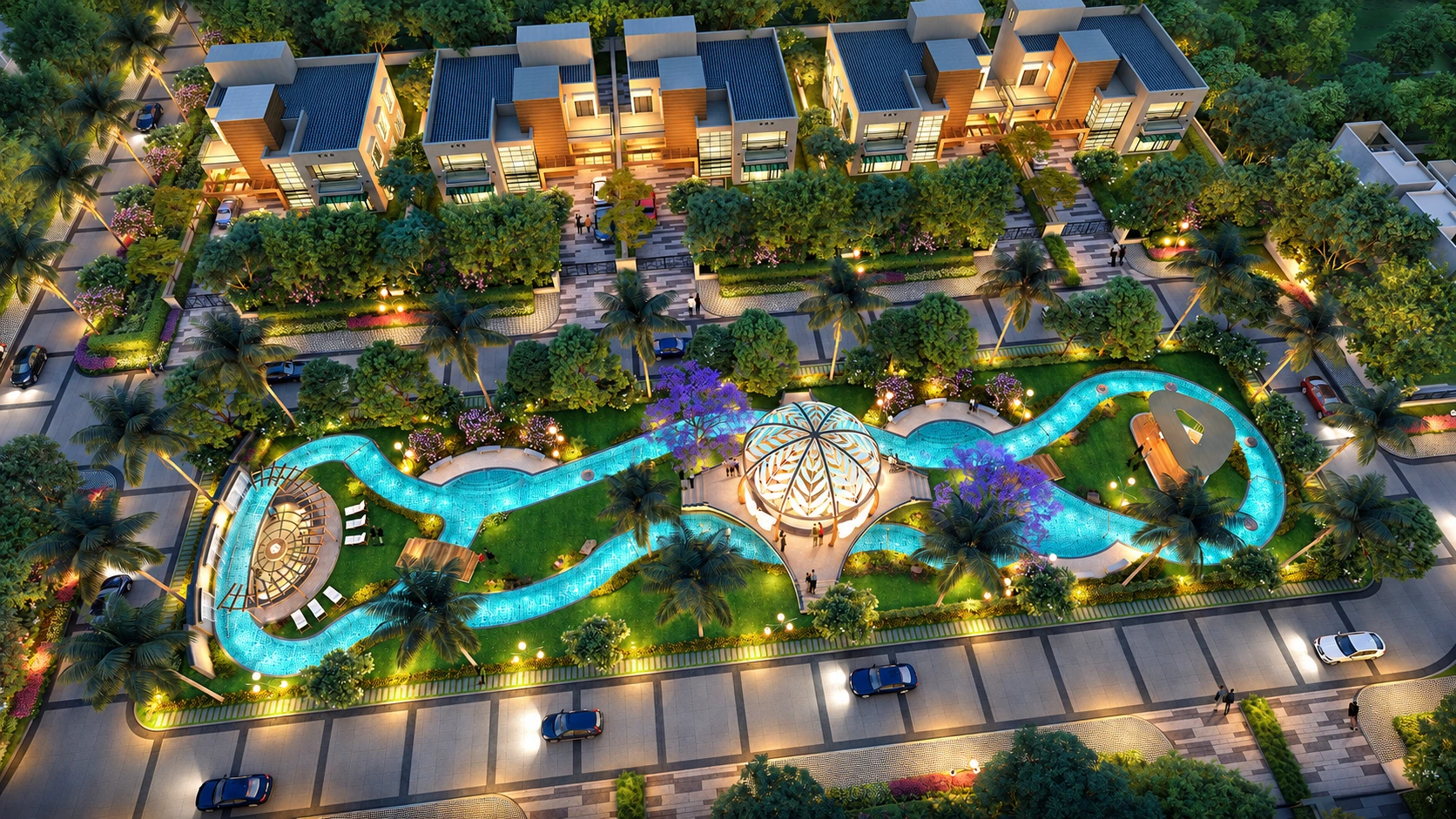 Irish Town lazy river after sunset &mdash; architectural visualization