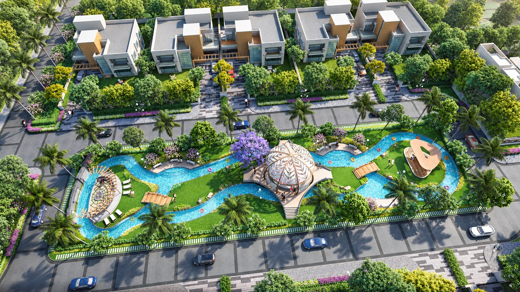 Irish Town lazy river aerial &mdash; architectural visualization