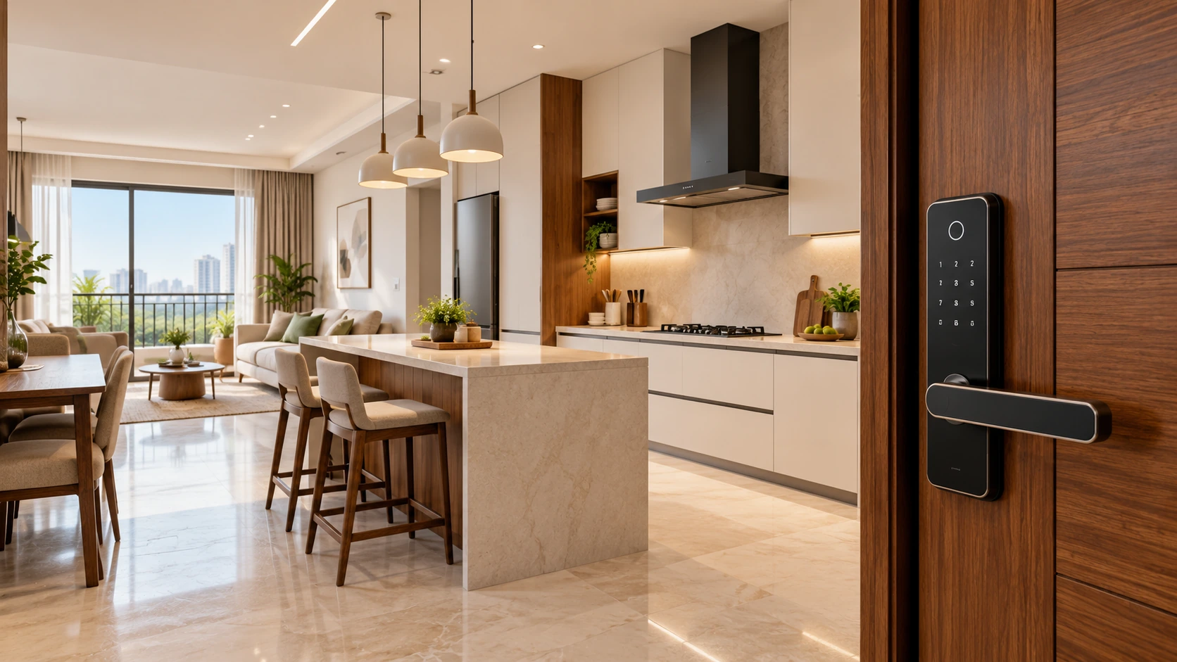 Apartment entrance and kitchen technology — illustrative interior