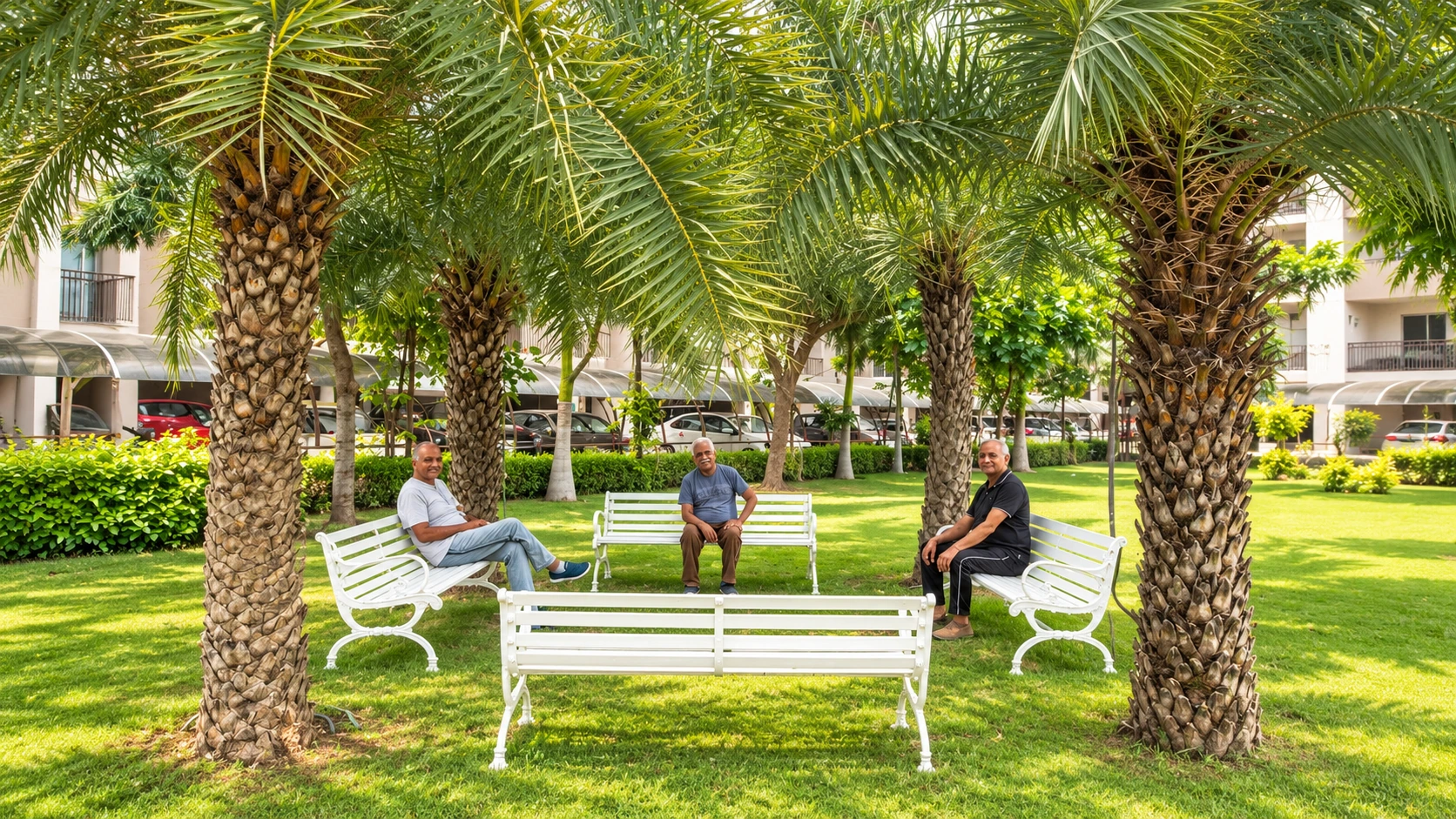 Residents seated on benches under date palms at Trishla City