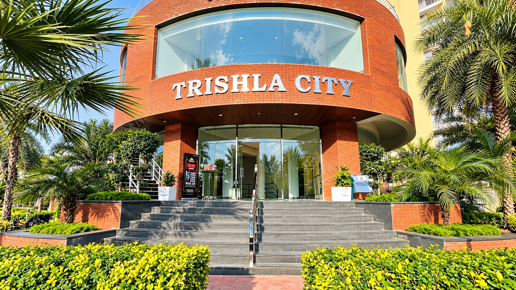 Trishla City clubhouse building with brick facade and glass entrance