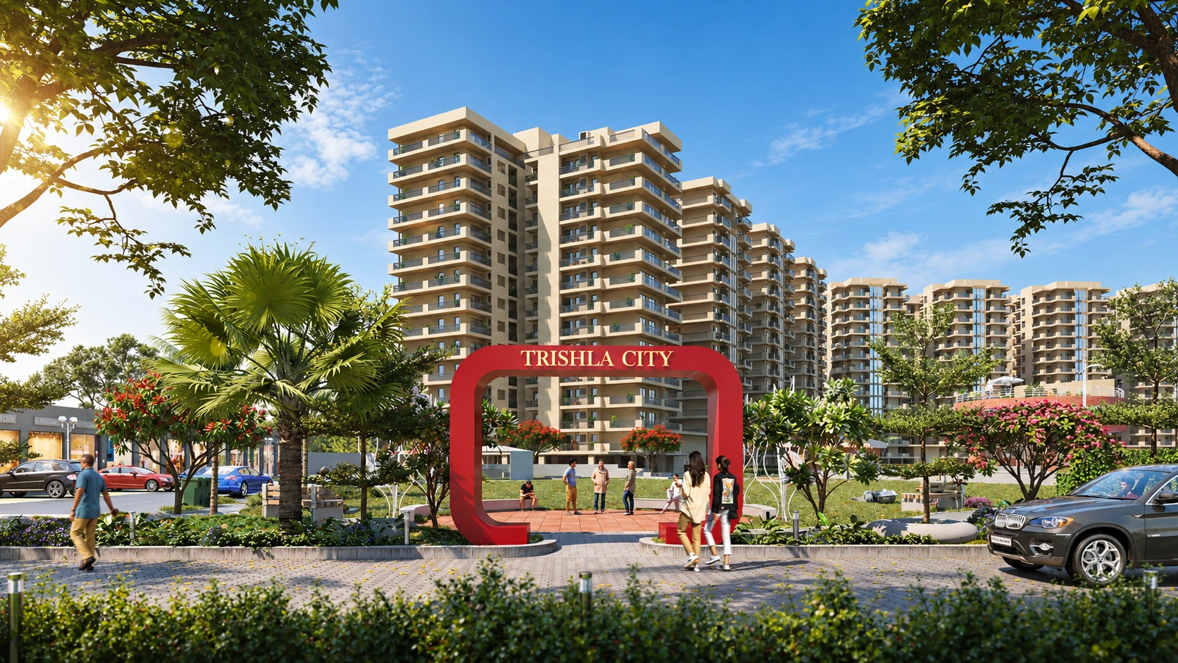 Trishla City signature arch with residential towers behind