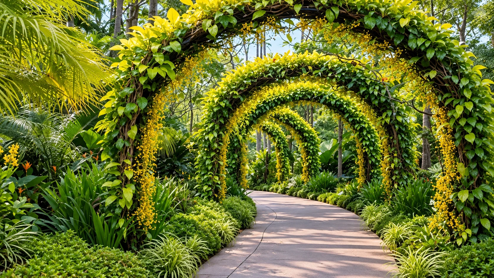 Arched green walkway on a paved footpath at Trishla City