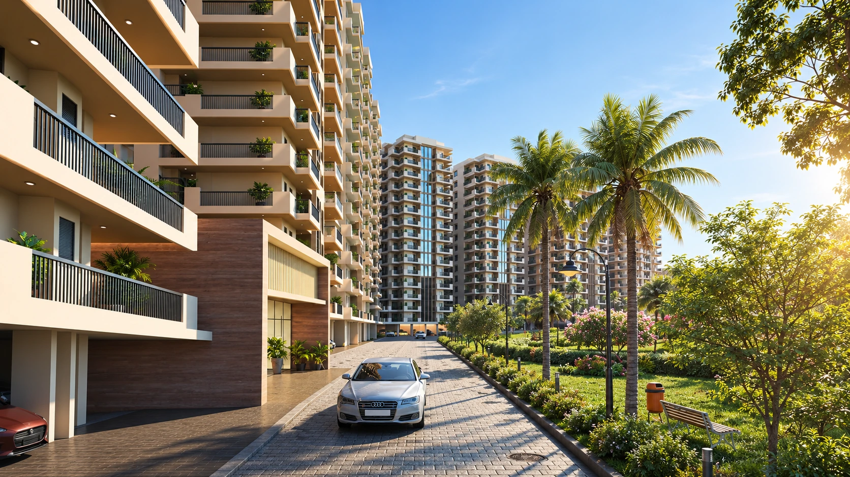 Internal road lined with towers and greenery at Trishla City