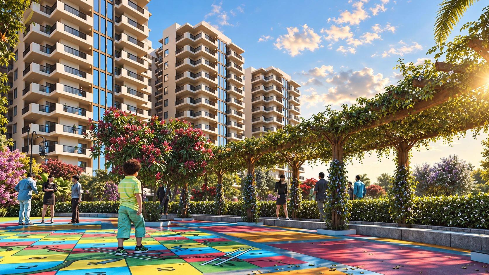 Play squares beside a pergola walk at Trishla City