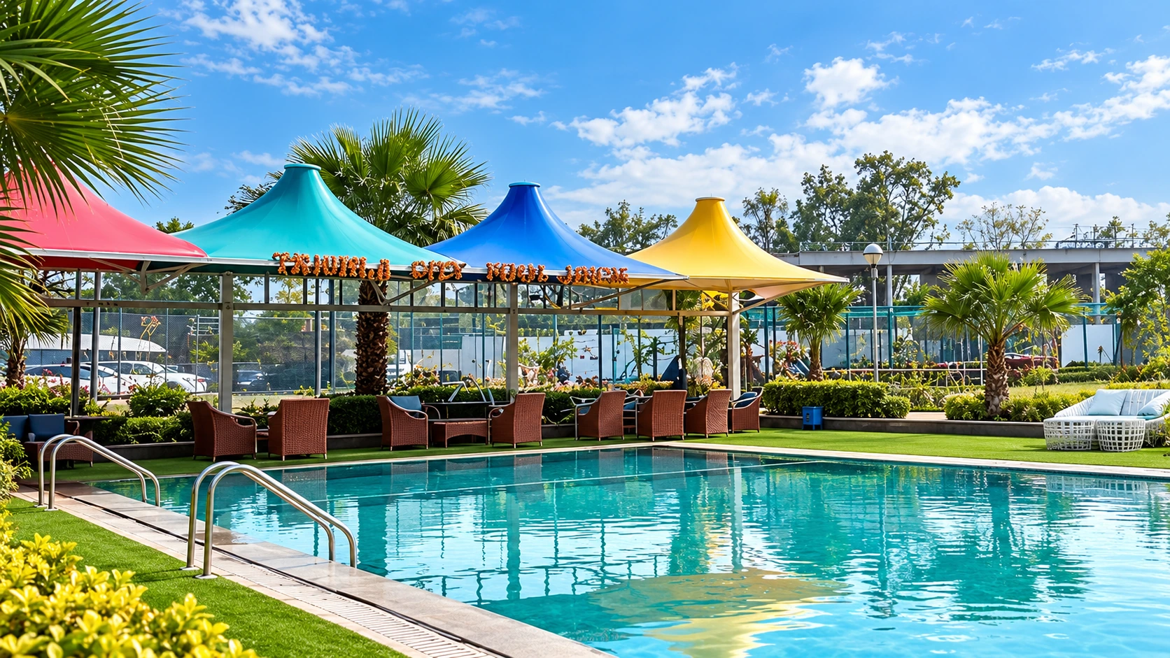 Swimming pool with coloured shade canopies at Trishla City