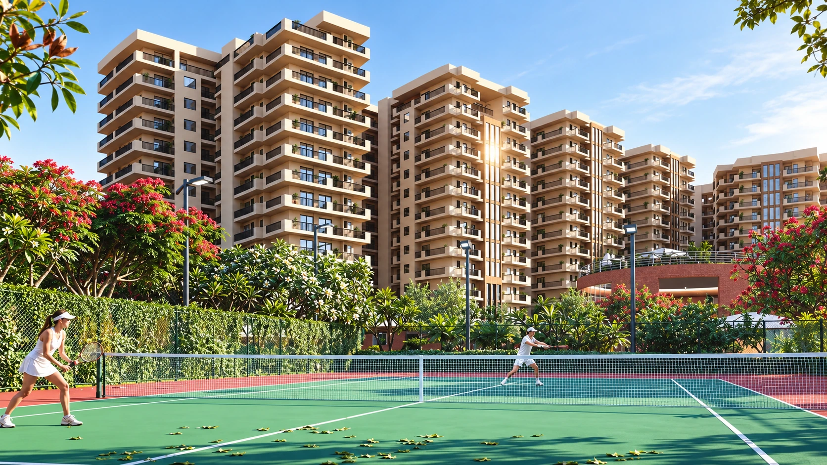 Tennis court in front of the towers at Trishla City