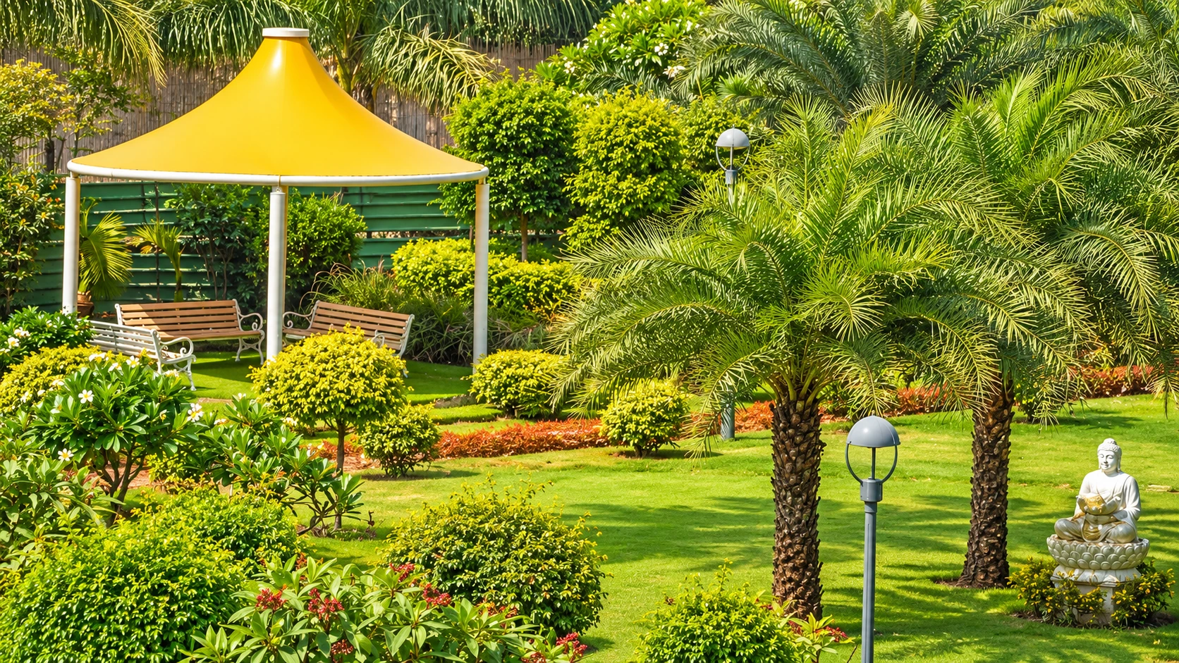 Yellow gazebo with benches in the landscaped garden at Trishla City