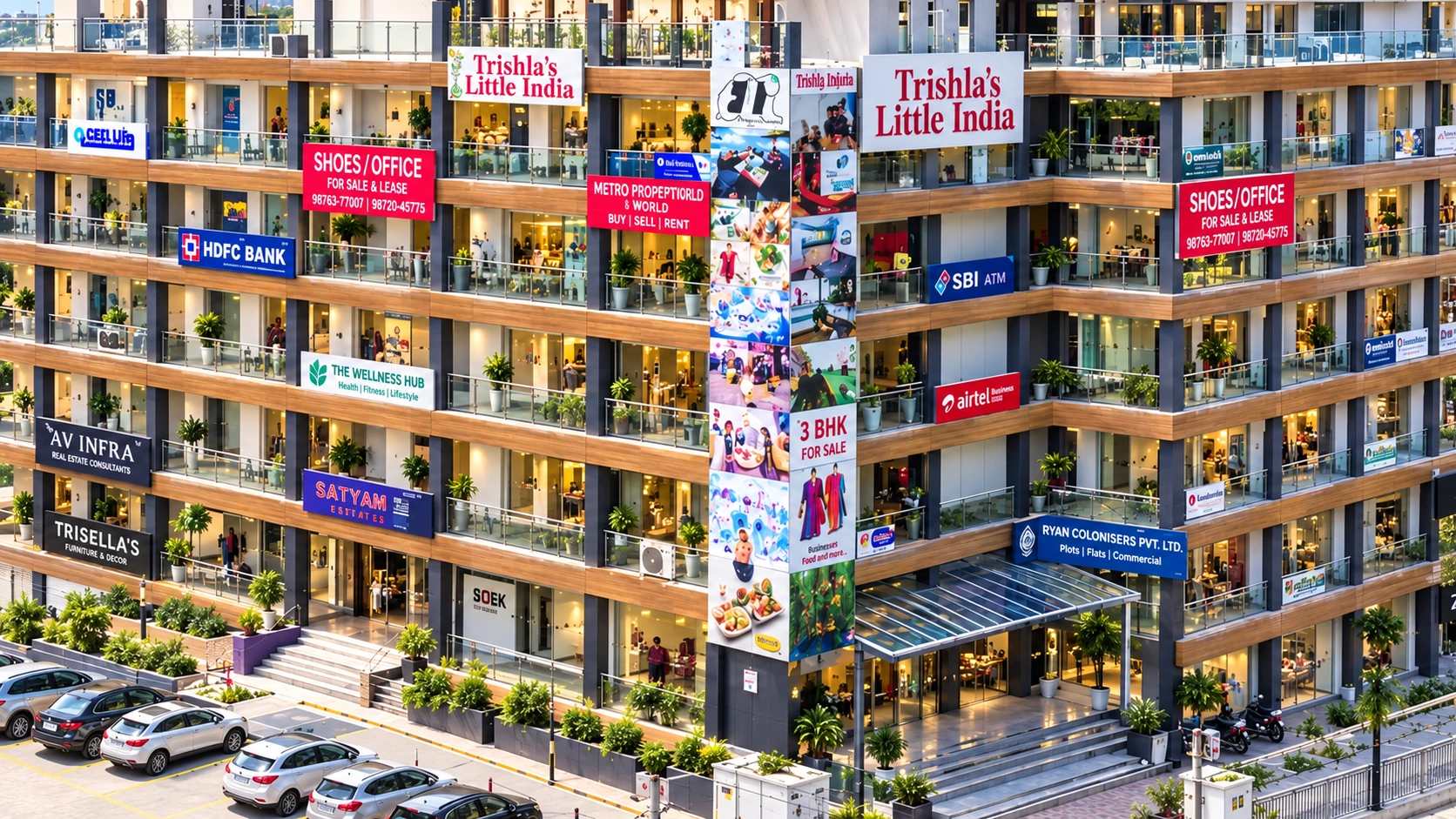 Trishla Little India and its parking area from a raised angle