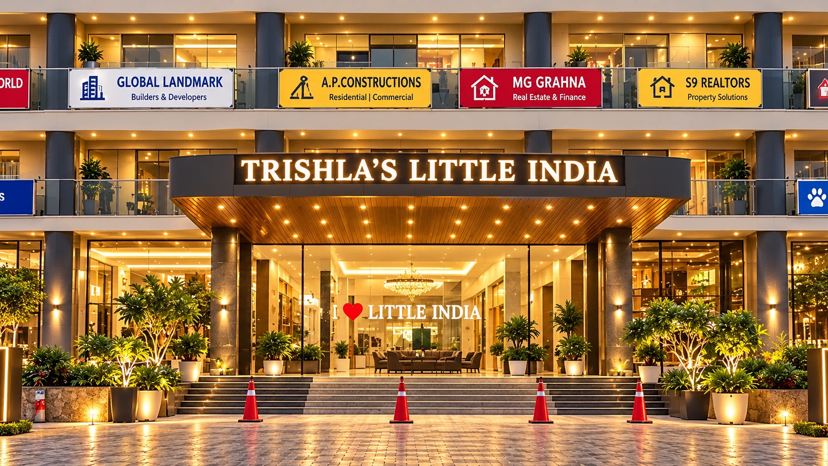 Illuminated entrance lobby of Trishla Little India