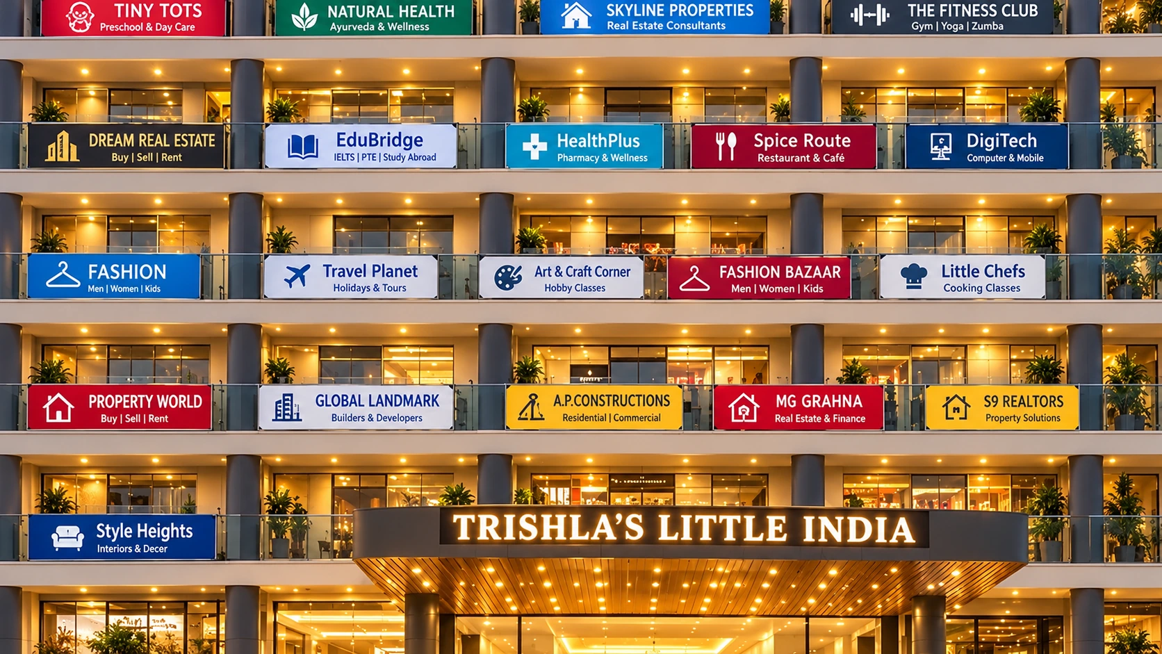 Evening view of the lit signage bands at Trishla Little India