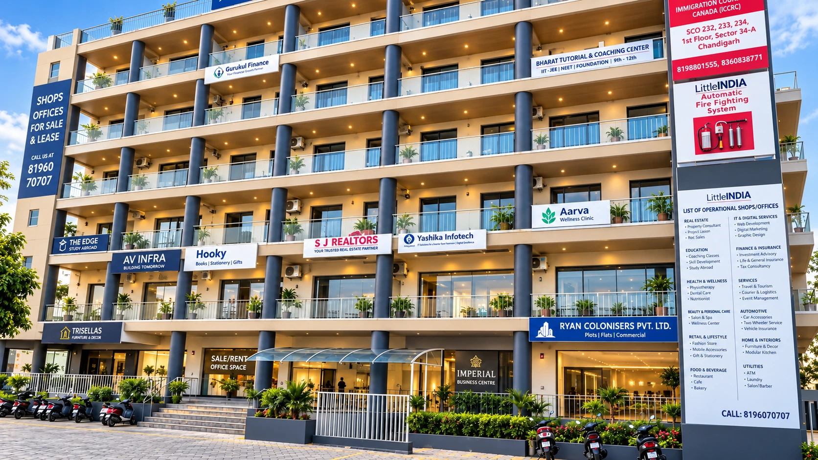 Front view of Trishla Little India with shop boards on every floor