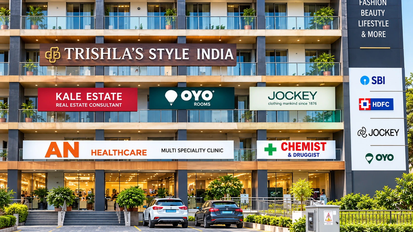 Ground floor shopfronts and banks at Trishla Little India