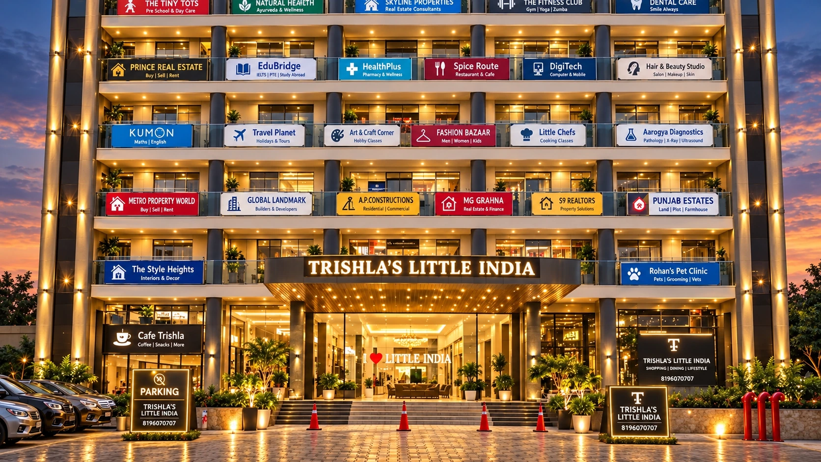 Trishla Little India entrance lit up at dusk