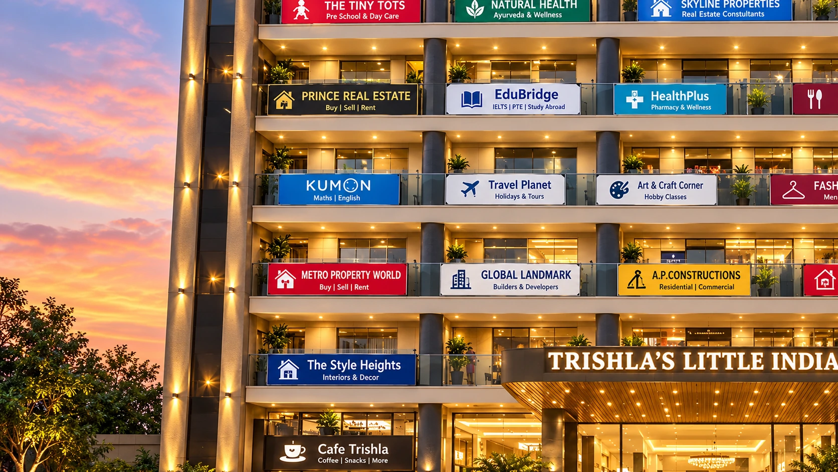 Upper floor signage bands lit at dusk at Trishla Little India