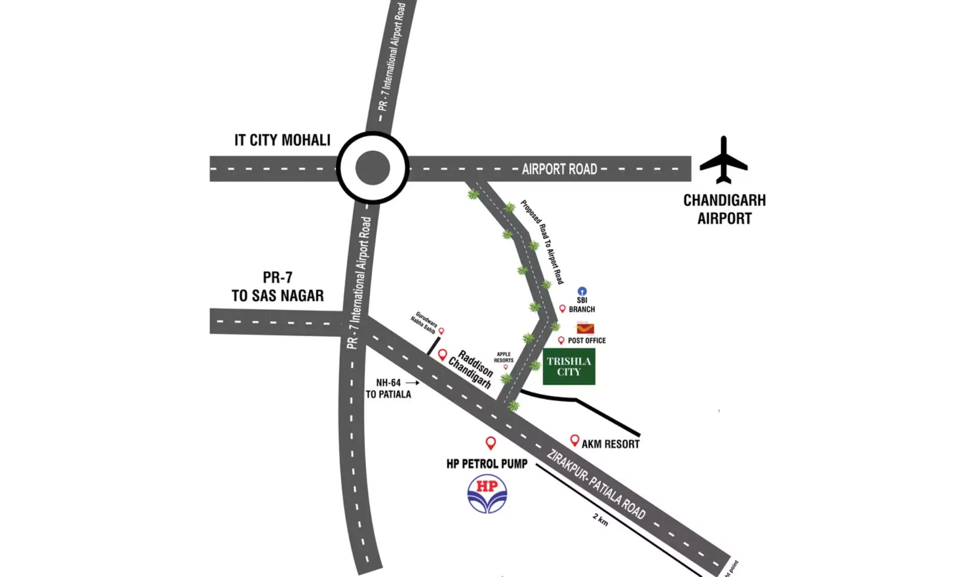 Location map of Trishla City on Zirakpur-Patiala Road showing the route to IT City Mohali and Chandigarh Airport